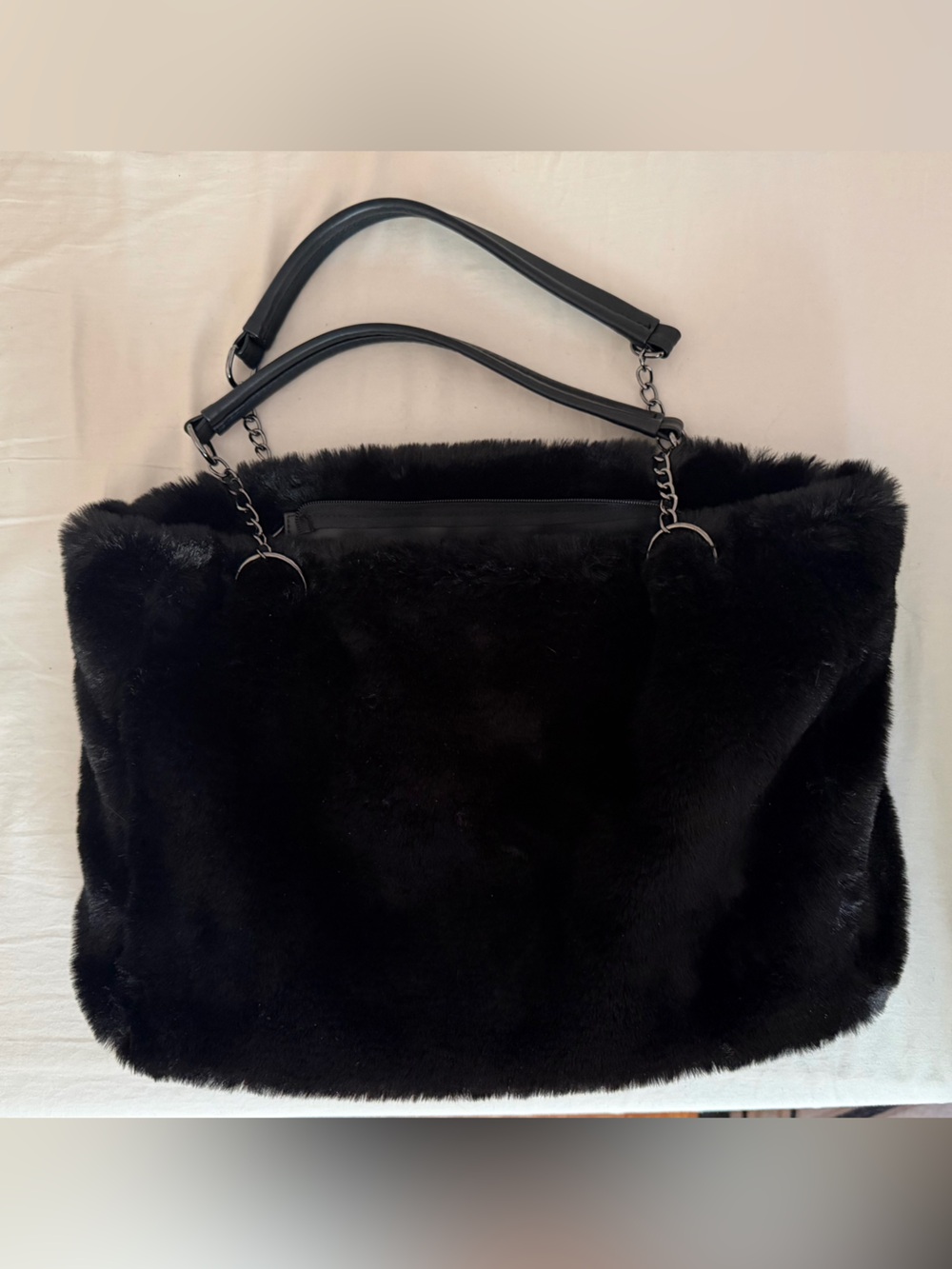 Black Faux Fur Tote Bag with Chain Handles